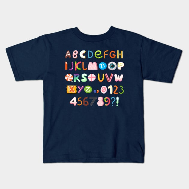 Alphabet Sweet Candies Kids T-Shirt by Mako Design 